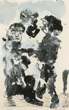 Zwei Menschen mit Hund und Köpfen by Hans Krüsi, mixed media, sold Dec 2018