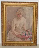 Weiblicher Halbakt mit einem Strauss Blumen by Otto Vautier, oil on canvas, sold Dec 2018