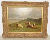 Weidende Kühe am Salève, im Hintergrund der Genfersee und die Jurakette by François Vuagnat, oil on canvas, sold Dec 2018
