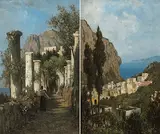 Gegenstücke: Frau auf von antiken Säulen gesäumtem Weg / Dorf an der (amalfitanischen?) Küste by Luise Begas-Parmentier, oil on panel, sold Sep 2018