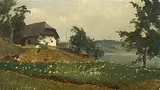 Landschaft mit Bauernhof über einem See by Josef Wopfner, oil on canvas, sold Sep 2018