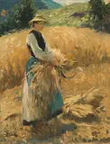 Schnitterin mit Garbenbündel und Sichel by Josef Wopfner, oil on canvas, sold Sep 2018