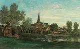 Flusslandschaft mit Dorf im Hintergrund by Alexandre René Veron, 1884, oil on panel, sold Sep 2018