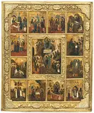 Russisch, um 1800 by Grosse Festtagsikone mit Basma, tempera, sold Sep 2018