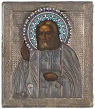 Russisch, um 1905 by Hl. Serafim von Sarow mit emailliertem Silberoklad, tempera, sold Sep 2018
