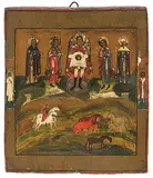 Russisch, um 1800 by Das Wunder des Erzengels Michael mit den hll. Florus und Laurus, tempera, sold Sep 2018
