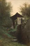 Bewaldete Landschaft mit verfallener Mühle by Gustave Castan, oil on paper, sold Sep 2018