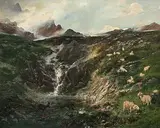 Alplandschaft mit weidenden Schafen, 1897 by Alexander Jules Soldenhoff, oil on canvas, sold Sep 2018