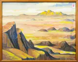 Hilly Desert Scene by Xavier Barile, gouache, sold Jun 2023