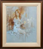 Lady in Blue by Harrison Campbell Rucker, oil on board, sold Jun 2023