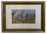 cherry blossom tree in bloom in Sherbourne by Henry Webster Rice, gouache, sold May 2026