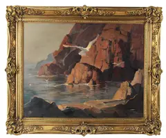 cliff with seagulls by Philip G. Shumaker, oil on board, sold May 2026