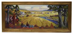 Fin Septembre" farm scene with stream by Normand Boisvert, oil on canvas, sold May 2026