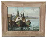 fishing boats docked at pier by Irene Stry, oil on canvas, sold May 2026