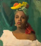 Portrait of a Woman with Fruit Headdress by Marie Hughes Kloeppel, Oil on Canvas, sold Jan 2025