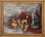 Cat and Dog by Clara Louise Van Vredenburgh, Oil on Canvas Board, sold Jan 2025