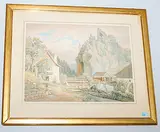 Martinet de Roche mit der hölzernen Brücke über die Birs by Martinet de Roche, watercolor, sold Sep 2018