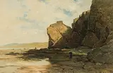 Felsige Küstenpartie mit Personenstaffage by Gustave Castan, oil on paper, sold Sep 2018