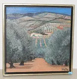 Hügelige Landschaft mit Olivenbäumen by Kathy Thys, oil on canvas, sold Sep 2018