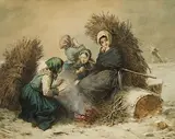 Winter auf dem Felde -Vier Bauernmädchen wärmen sich am Feuer by Theophile Adolphe Midy, watercolor, sold Jun 2018