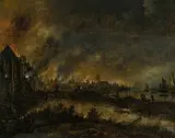 Nächtliche Feuersbrunst am Kanal by Aert van der Neer, oil on canvas, sold Jun 2018