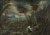 Ein Faun und eine Satyrin spielen Musik in der Nähe eines klassischen Grabmals inmitten einer Waldlandschaft, mit einer Herme in der Ferne by Magnasco, Alessandro, genannt il Lissandrino, oil on canvas, offered Jun 2018