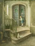 Mädchen an der Haustüre by Jean-Marie Poumeyrol, 1976, oil on panel, sold Jun 2018
