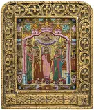 Russisch, 19.Jh by Heiligenikone mit Glasperlenoklad und Rahmen, tempera, sold Jun 2018