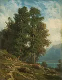 Blick von einer bewaldeten Anhöhe auf den Genfersee by Jean Philippe George, oil on board, sold Jun 2018