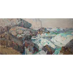 Rocky Coast by Karl Schmidt, oil on canvas, sold Jul 2023