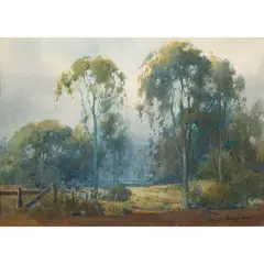Eucalyptus Trees along the Wooden Fence by Percy Gray, 1920, watercolor, sold Jul 2023