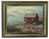 harbor scene "Lobstering Time by Louis Pelky, oil on canvas, sold May 2026
