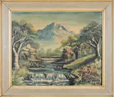 River in a Landscape with Distant Mountain by Vusamazulu Credo Mutwa, oil on board, sold May 2025
