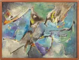 Abstract Composition by Jean Hebbeln, Oil on Masonite, sold Jan 2025