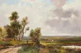 Figure on a country path with cottage beyondOil on canvas Signed (lower right)50.5 x 76.5cm (19¾ x 30 in.) by Abraham Hulk Jnr, oil, sold May 2021