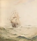 Man-o-War in a choppy seaWatercolour heightened with white Signed (lower left)97 x 87.5cm (38 x 34¼ in.)Provenance:Berwick House, Shropshire by Albert Ernest Markes, watercolor, offered May 2021