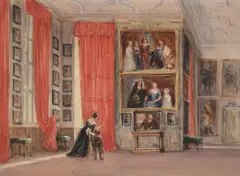The Long Gallery Hardwick Hall interior with lady by David Cox Senior, watercolor, sold May 2021