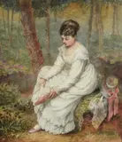 A girl wearing a white dress seated in a woodland glade by Anna Maria Charretie, watercolor, sold May 2021