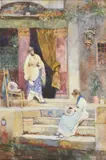 Venetian lacemakers Watercolour and bodycolourSigned (lower right)30 x 20cm (11¾ x 7¾ in.) by David Woodlock, Watercolour and bodycolourSigned, offered May 2021