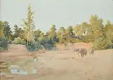 Elephants in an Indian dry river landscape by Robert Talbot Kelly, 1904, print (other), sold May 2021