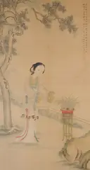 Lady in the garden by Gu Luo, ink and colour, sold May 2021