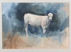 The Bull Calf by Leslie Worth, Mixed media on fabric- possibly silk, sold May 2021