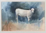 The Bull Calf by Leslie Worth, Mixed media on fabric- possibly silk, sold May 2021