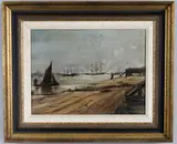 View of a port with frigate/barque and shipping Oil on canvas Signed 25 x 34cm (9¾ x 13¼ in.) Provenance: From The Hon by Claude Muncaster, Oil on canvas, sold May 2021