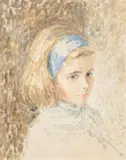 Portrait of a girl wearing a blue headband by Jeremy Holt, Oil on board, sold May 2021