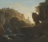 A gorge with fishermen resting by a cascade, a monastery on a cliff beyondoil on canvas56.5 x 64.7 cm by Joseph Vernet, oil, sold Mar 2021