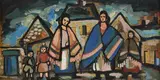 Shawlies in the village by Markey Robinson, oil, sold Mar 2021