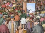 At the marketOil on boardSigned (lower left)39.5 x 51cm (15½ x 20 in.)In 1941 Gladys married artist and musician Max Maccabe by Gladys Maccabe, oil, sold Mar 2021