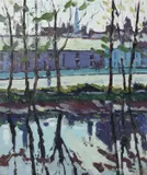 Trees along the riverbankOil on canvas-boardSigned (lower right); inscribed with artist's address (verso)61 x 50.5cm (24 x 19¾ in.)Henry Healy was born in 1909 by Henry Healy, oil, sold Mar 2021