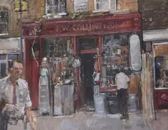Outside the hardware store by Tom Coates, oil, sold Mar 2021